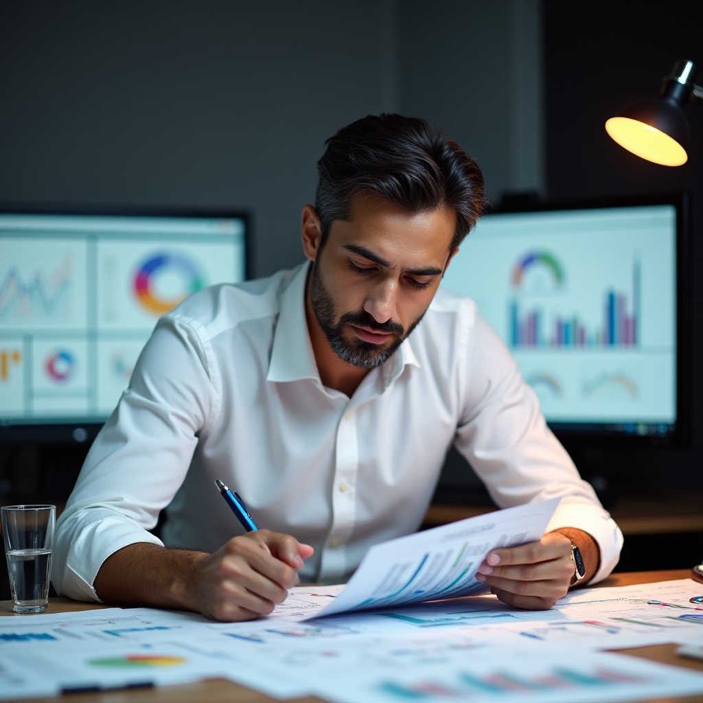 Analytiker prüft gedruckte Reports und digitale Dashboards auf einem Schreibtisch